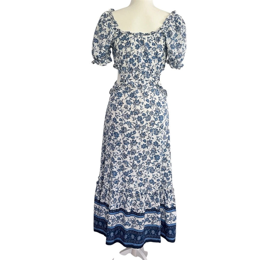 By the‎ River Anthropologie Blue White Floral Boho  Fit Flare Dress. Sz S